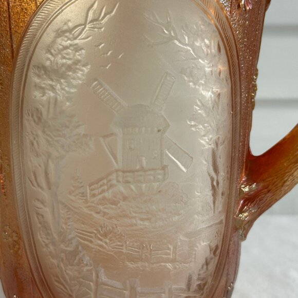 Vintage Marigold Carnival Glass Windmill Scene Pitcher Iridescent Orange - Picture 3 of 10